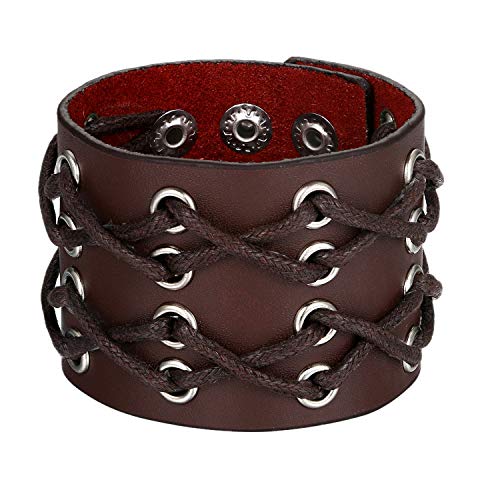 Flongo Herrenarmband Männer Armband Lederarmband, groß breit Leder Armband Armreif Geflochten Kreuz Braun für Männer Herren-Accessoires Punk Rock Biker Größen verstellbar von Flongo