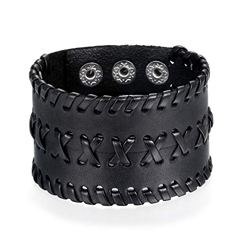 Flongo Herrenarmband Männer Armband Lederarmband, groß breit Leder Armband Armreif Geflochten Schwarz für Männer Herren-Accessoires Punk Rock Biker Größen verstellbar von Flongo