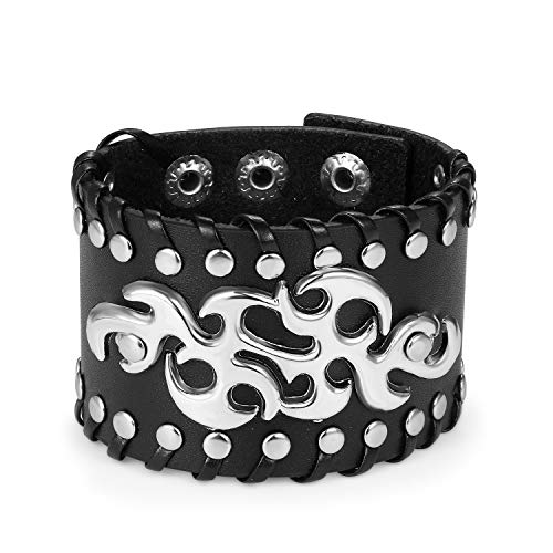 Flongo Herrenarmband Männer Armband Lederarmband, groß breit Leder Armband Armreif Geflochten mit Flamme Muster Silber Schwarz für Männer Herren-Accessoires Rock n Roll von Flongo