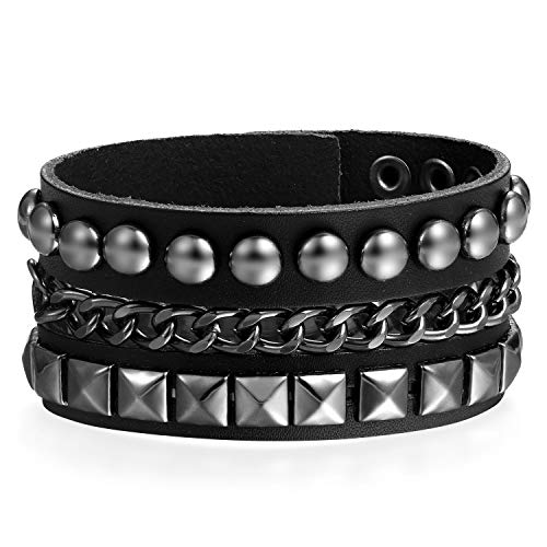 Flongo Herrenarmband Männer Armband Lederarmband, groß breit Leder Armband Armreif Geflochten mit Kette Nieten Schwarz für Männer Herren-Accessoires Rock Biker Größen verstellbar von Flongo