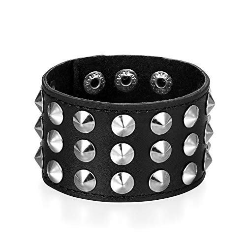 Flongo Herrenarmband Männer Armband Lederarmband, groß breit Leder Armband Armreif Geflochten mit Nieten Schwarz für Männer Herren-Accessoires Rock Biker Größen verstellbar von Flongo