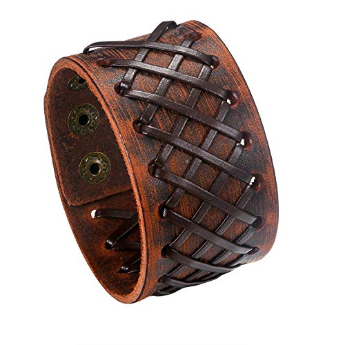 Flongo Herrenarmband Männer Armband Lederarmband, groß breit Leder Armband Armreif mit Nieten Braun Herren-Accessoires Biker Größen verstellbar Modell B von Flongo