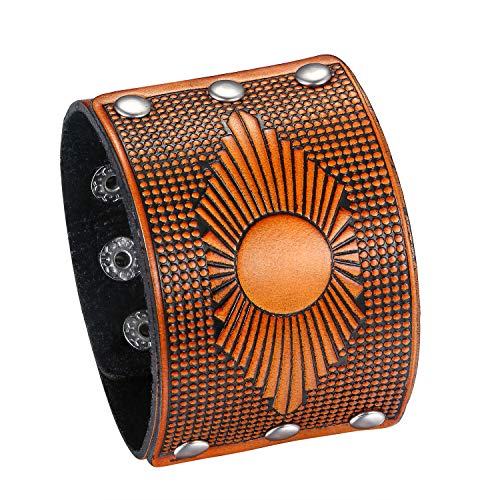 Flongo Herrenarmband Männer Armband Lederarmband, groß breit Leder Armband Armreif mit Nieten Braun Herren-Accessoires Biker Größen verstellbar Modell D von Flongo