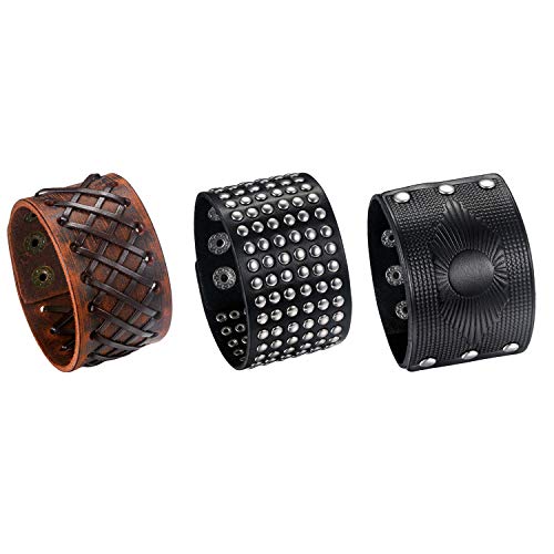 Flongo Herrenarmband Männer Armband Lederarmband, groß breit Leder Armband Armreif mit Nieten Braun Schwarz Herren-Accessoires Biker Größen verstellbar 3 Stück von Flongo