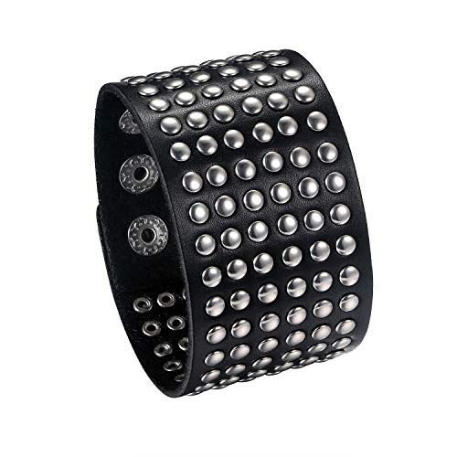 Flongo Herrenarmband Männer Armband Lederarmband, groß breit Leder Armband Armreif mit Nieten Schwarz Herren-Accessoires Biker Größen verstellbar Modell A von Flongo