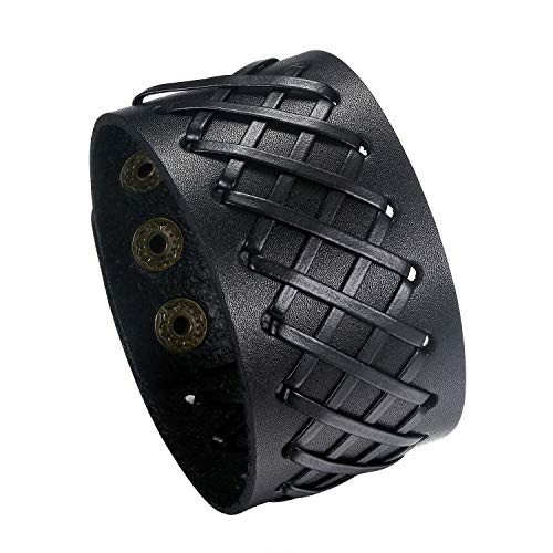 Flongo Herrenarmband Männer Armband Lederarmband, groß breit Leder Armband Armreif mit Nieten Schwarz Herren-Accessoires Biker Größen verstellbar Modell B von Flongo