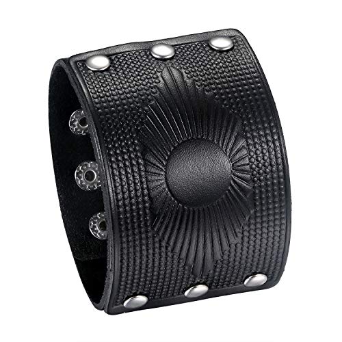 Flongo Herrenarmband Männer Armband Lederarmband, groß breit Leder Armband Armreif mit Nieten Schwarz Herren-Accessoires Biker Größen verstellbar Modell D von Flongo