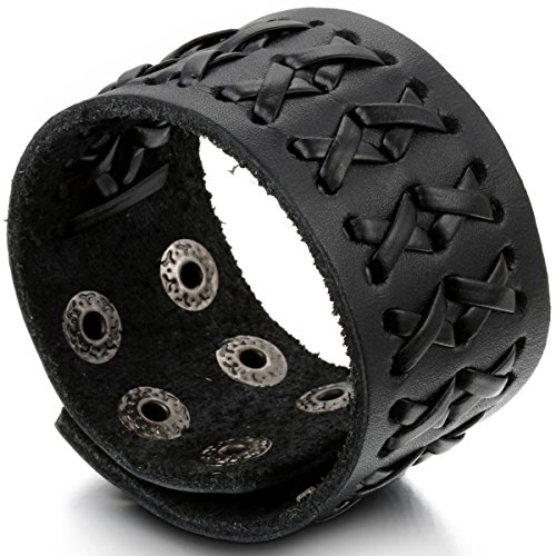 Flongo Herrenarmband Männer Armreif Lederarmband Surferarmband groß breit Biker Armband Manschette Schwarz Geflochten Punk Rock Einstellbar von Flongo