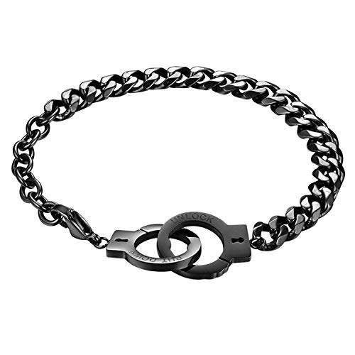 Flongo Herrenarmband Männer Kette Armband Armreif Armkette Panzerkette mit Handschellen Schwarz Silber Rose Gold Biker Motorradfahrer Herren-Accessoires von Flongo