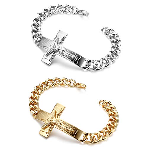 Flongo Herrenarmband Männer Kette Armkette, Edelstahl Rosenkranz Armband Armreif Armkette Panzerkette Englisch Bibel Kreuz Kruzifix Jesus Silber Gold Golden Biker Herren-Accessoires 2er Set von Flongo