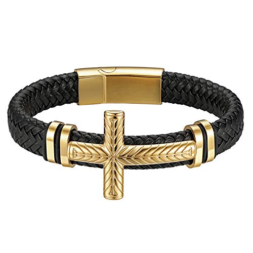 Flongo Herrenarmband Männer Kette Kreuz Lederarmband aus Edelstahl Geflochten Echtleder Armband Armreif mit Magnetverschluss Schwarz Gold Biker Herren-Accessoires von Flongo