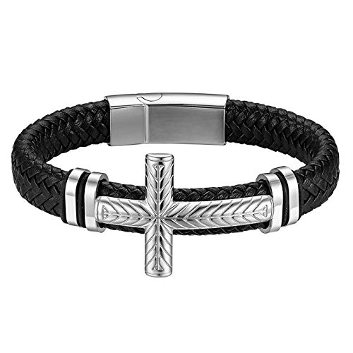 Flongo Herrenarmband Männer Kette Kreuz Lederarmband aus Edelstahl Geflochten Echtleder Armband Armreif mit Magnetverschluss Schwarz Silber Biker Herren-Accessoires von Flongo