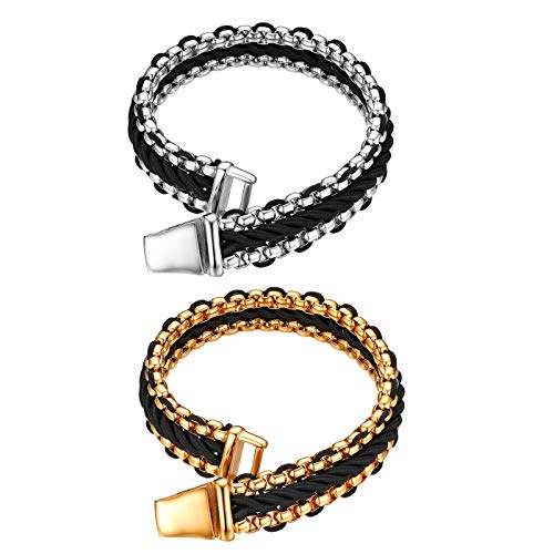 Flongo Herrenarmband Männer Kette Lederarmband, Edelstahl Leder Echtleder Armband Armreif Armkett Panzerkette Schwarz Silber Gold Biker Herren-Accessoires 2er Set von Flongo