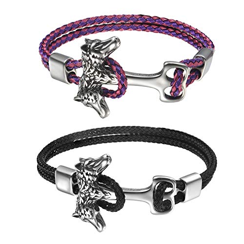 Flongo Herrenarmband Männer Kette Lederarmband Armreif, Edelstahl Leder Armband Armkett doppelte Wolfköpfe Verschluss Schwarz Lila Rosa Silber Biker Herren-Accessoires 2 Stück von Flongo