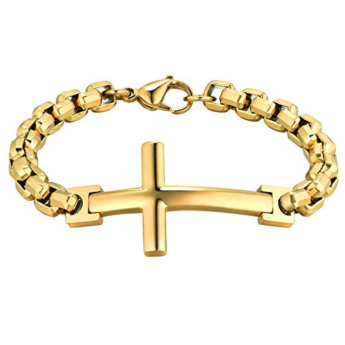 Flongo Herrenarmband Männer Rosenkranz Kette Armkette aus Edelstahl Armband Armreif Panzerkette Kreuz Kruzifix Gold Golden Biker Herren-Accessoires von Flongo