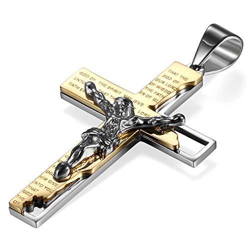 Flongo Kreuz Kette Herren Jesus: gold Kruzifix kreuzkette königskette mit eisernes kreuz Anhänger Halskette Edelstahl Bibel Gebet Cross Necklace Pendant eisernes kreuz für Auto Männer Damen Jungen von Flongo