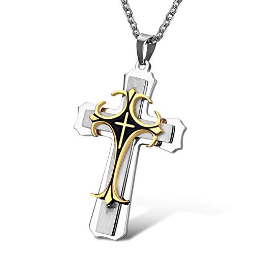 Flongo Herrenkette Männer Anhänger, Edelstahl Anhänger Halskette Silber Gold Schwarz Dreifach Kreuz Jahrgang Keltisch, mit 55cm Kette von Flongo