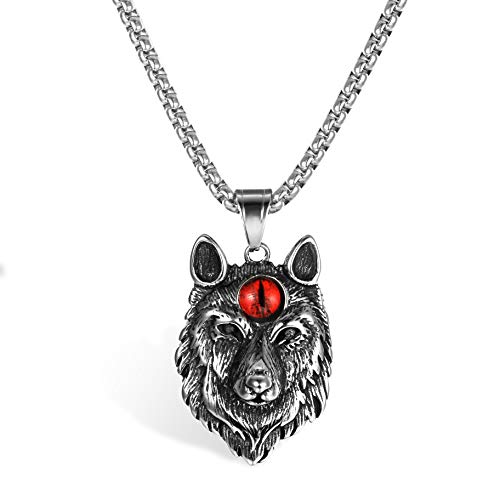 Flongo Herren Kette mit Wolf Anhänger Wolfskopf Männer Halskette Kette aus Edelstahl Silber Wolf Kopf Punk Rock Motorradfahrer Biker Herren Accessoires Rot Türkis Perlen von Flongo