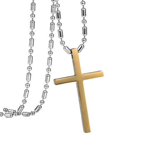 Flongo Herrenkette Männer Anhänger Rosenkranz Kette, Edelstahl Halskette Gold Jesus Kreuz Anhänger mit Philippians 4:13 Englisch Bibel Lords Prayer Herren-Accessoires von Flongo