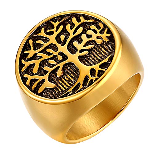 Flongo Herrenring Daumenring Bandring Männer Ringe, Edelstahl Ring Ringe Gold Schwarz Baum des Lebens Tree of Life Motorradfahrer Biker Retro Herren Größe 67 von Flongo