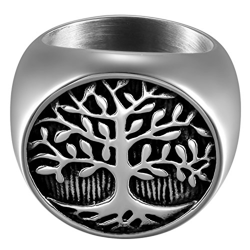 Flongo Herrenring Daumenring Bandring Männer Ringe, Edelstahl Ring Ringe Silber Schwarz Baum des Lebens Tree of Life Motorradfahrer Biker Retro Herren Größe 70 von Flongo
