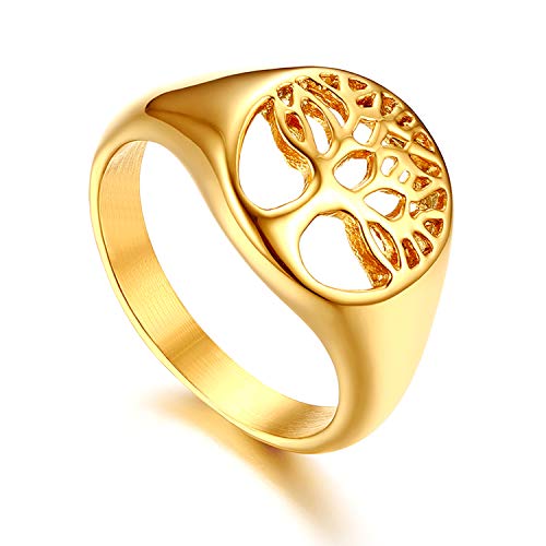 Flongo Herrenring Männer Damenring Siegelring Bandring Ringe, Edelstahl Biker Siegel Ring Gold Golden Baum des Lebens Tree of Life Partnerringe Verlobung Herren-Accessoires Größe 57 von Flongo