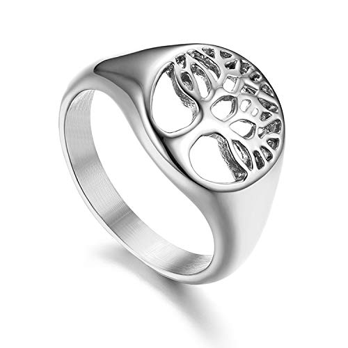 Flongo Herrenring Männer Damenring Siegelring Bandring Ringe, Edelstahl Biker Siegel Ring Silber Baum des Lebens Tree of Life Partnerringe Verlobung Herren-Accessoires Größe 59 von Flongo