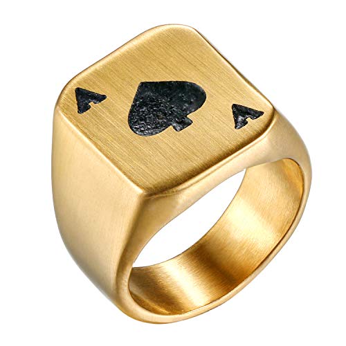 Flongo Herrenring Männer Ring Daumenring, Edelstahl Ring Bandring Siegel Ringe Biker Gold Spielkarte Pik A Spades A Poker Karten Herren-Accessoires Größe 59 von Flongo