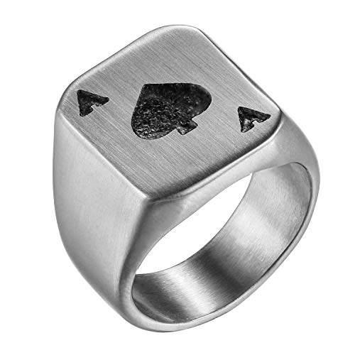 Flongo Herrenring Männer Ring Daumenring, Edelstahl Ring Bandring Siegel Ringe Biker Silber Spielkarte Pik A Spades A Poker Karten Herren-Accessoires Größe 54 von Flongo