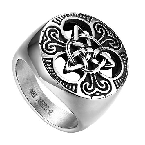 Flongo Herrenring Männer Ring Daumenring, Edelstahl Ring Bandring Siegelring Biker Silber Keltischer Knoten Irischer Triquetra Glücklich Herren-Accessoires Größe 71 von Flongo