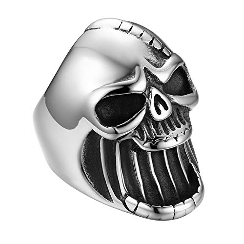 Flongo Herrenring Männer Ring Daumenring Flaschenöffner, Edelstahl Ring Bandring Siegelring Biker Silber Schädel Totenkopf Punk Rock Herren-Accessoires Größe 57 von Flongo