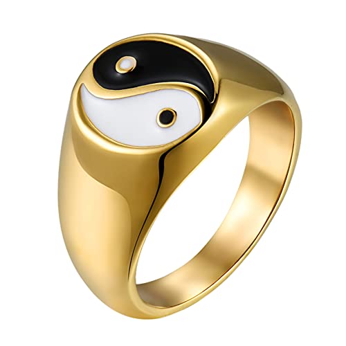 Flongo Herrenring Männer Ring Daumenring Siegelring Bandring Siegel Ringe Biker Golden Gold mit Tai Chi Yin und Yang Herren-Accessoires Größe 57 von Flongo