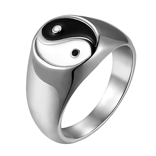 Flongo Herrenring Männer Ring Daumenring Siegelring Bandring Siegel Ringe Biker Silber mit Tai Chi Yin und Yang Herren-Accessoires Größe 57 von Flongo