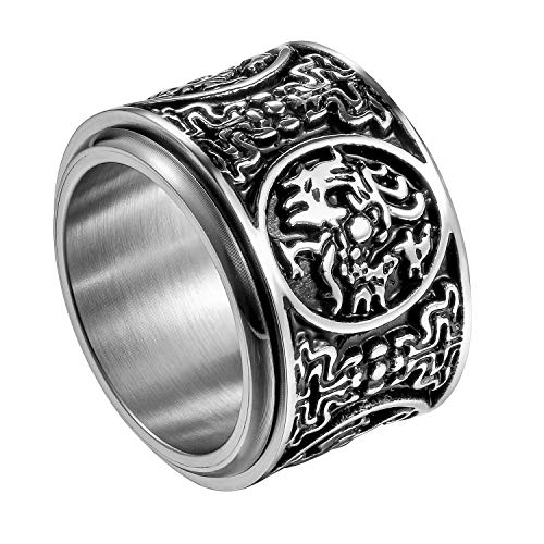 Flongo Herrenring Männer Ring Daumenring drehbarer Siegelring, Edelstahl Ring Bandring Glück Siegel Ringe Biker Silber Herren-Accessoires Größe 62 von Flongo