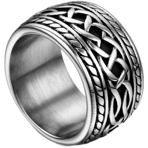 Flongo Herrenring Männer Ringe Bandring Daumen Ring Siegelring Edelstahl Band Ring Keltisch Knoten Silber Schwarz Klassiker Retro Biker, Größe 54 von Flongo