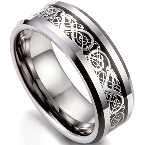 Flongo Herrenring Männer Ringe Bandring Daumen Ring Siegelring Wolfram Wolframcarbid Silber Schwarz Irish Celtic Knot Irischen Keltisch Knoten Drachen Herren-Accessoires, Größe 59 von Flongo