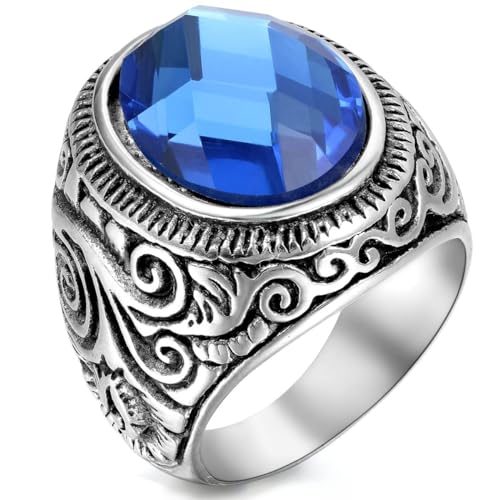 Flongo Herrenring Männer Ringe Daumenring Bandring, Edelstahl Glas Ring Silber Schwarz Blau Blumen Schnitzerei Klassiker Retro Charm Herren von Flongo