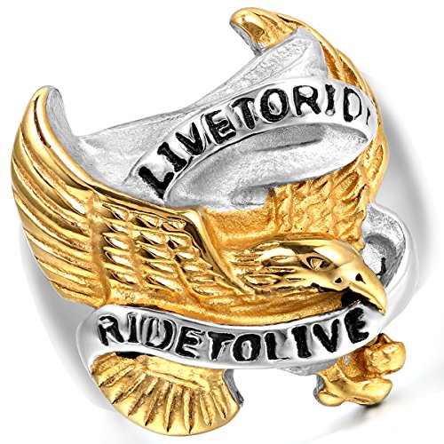 Flongo Herrenring Männer Ringe Daumenring Bandring Siegel Ring, Live to Ride - Ride to Live Edelstahl Ring Silber Schwarz Gold Golden Adler Falke Flügel Punk Rock Herren von Flongo