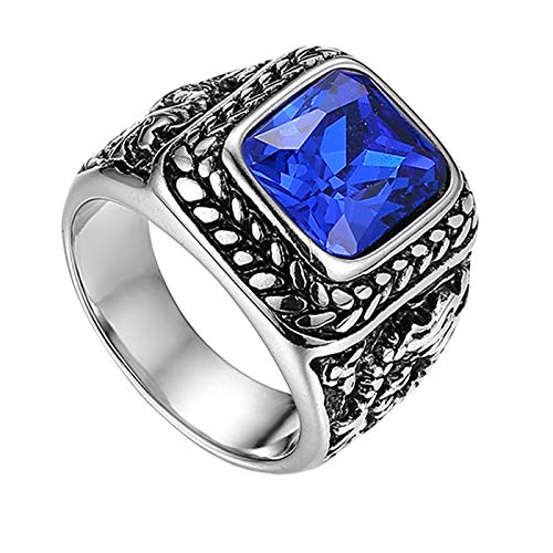 Flongo Herrenring Männer Ringe Daumenring Bandring Siegelring mit Glas Edelstein Silber Blau Drache Schnitzerei Klassiker Charm Herren-Accessoires Größe 62 von Flongo