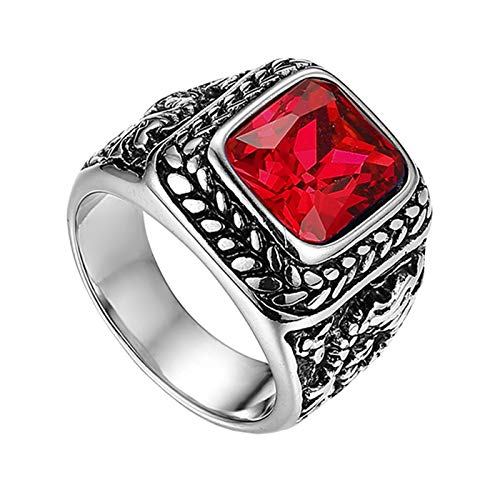 Flongo Herrenring Männer Ringe Daumenring Bandring Siegelring mit Glas Edelstein Silber Rot Drache Schnitzerei Klassiker Charm Herren-Accessoires Größe 62 von Flongo