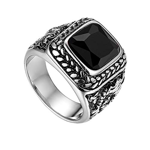 Flongo Herrenring Männer Ringe Daumenring Bandring Siegelring mit Glas Edelstein Silber Schwarz Drache Schnitzerei Klassiker Charm Herren-Accessoires Größe 54 von Flongo