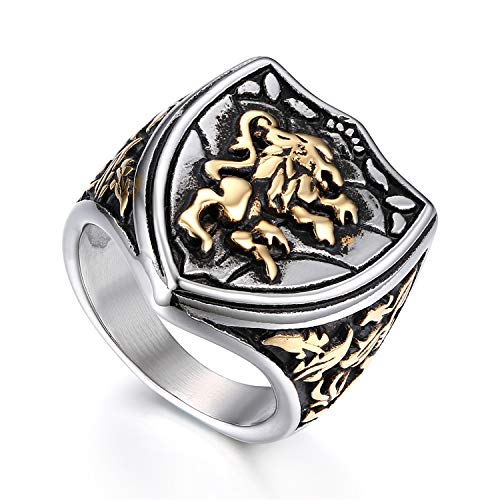 Flongo Herrenring Männer Ringe Siegelring Bandring, Edelstahl Biker Siegel Ring Löwe Schild Band Silber Gold Schwarz Daumenring Gotik Schmuck Herren-Accessoires von Flongo