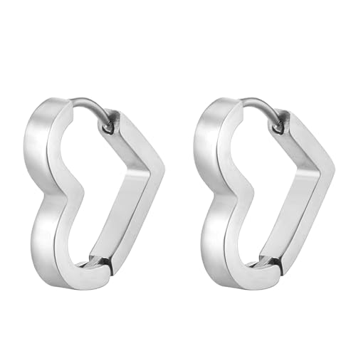 Flongo Herz Creolen Ohrringe Silber: Edelstahl Klobig Klein Herzförmig Huggie Creolen Geometrische Ohrringe Hypoallergen Ohrstecker für Herren Damen von Flongo