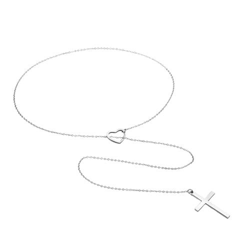 Flongo Herz Kreuz Halskette für Damen: Silber Lariat Y-Kette mit Verstellbarer Länge - Kubanische Kette mit Herzförmigem Kreuz - Edelstahl Choker mit Anhänger Geschenk für Frauen von Flongo