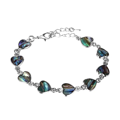 Flongo Herz Liebe Armband für Damen: Verstellbares Armkette mit Abalone Muschel - Buntes Perlmutt Herzanhänger mit Edelstahlkette - Geschenk für Freundin Frau Partner - Valentinstag Geburtstag von Flongo