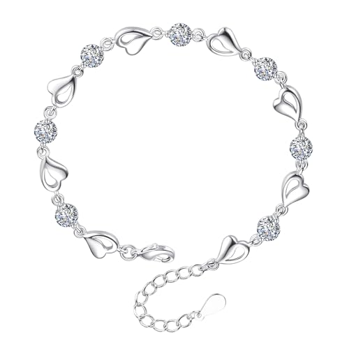 Flongo Herz Tennis Armband für Damen: Silber Edelstahl Armreif mit Zirkonia Steinen - Verstellbares Stapelbares Armkettchen - Geschenk für Ehefrau, Brautjungfer, Hochzeit, Geburtstag von Flongo