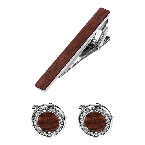 Flongo Holz Manschettenknöpfe und Krawattenklammer für Herren: Edles Holzdesign Manschettenknopf Set mit Geschenkbox Business Hochzeit Schmuck - Geschenk Geburtstag Jubiläum von Flongo