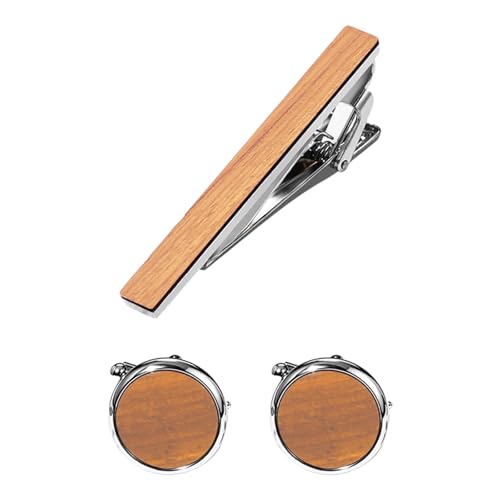 Flongo Holz Manschettenknöpfe und Krawattenklammer für Herren: Edles Holzdesign Manschettenknopf Set mit Geschenkbox Business Hochzeit Schmuck - Geschenk Geburtstag Jubiläum von Flongo