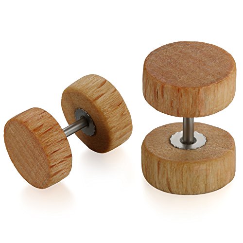 Flongo Holz Ohrstecker 10mm Knopf Männer Frauen Ohrringe Echtholz Ohrstecker Gestüt Stecker Ohrringe Holzschmuck Fake Plug Tunnel Ohrstecker Piercing Ohrschmuck braun von Flongo