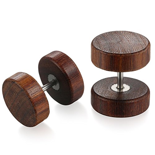 Flongo Holz Ohrstecker 12mm Knopf Männer Frauen Ohrringe Holz Stud Ohrstecker Gestüt Stecker Ohrringe Holz Fake Plug Tunnel Ohrstecker Piercing Ohrschmuck dunkel braun von Flongo